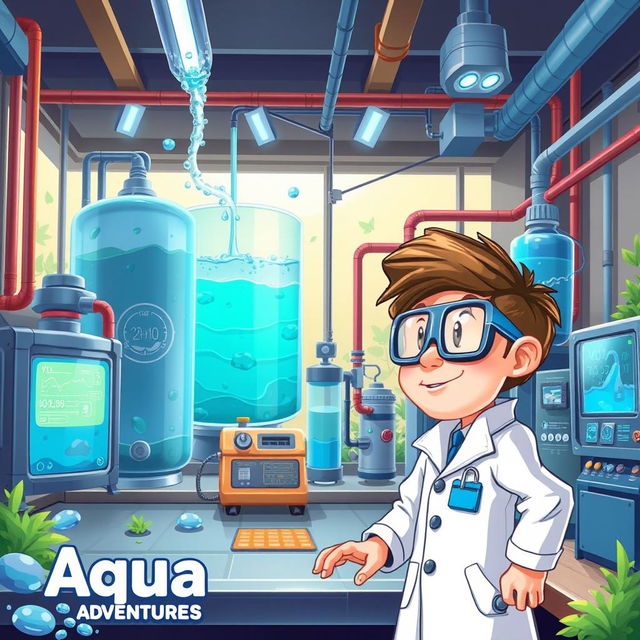 A dynamic and engaging illustration for a water purification game titled 'Aqua Adventure'