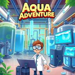 A dynamic and engaging illustration for a water purification game titled 'Aqua Adventure'