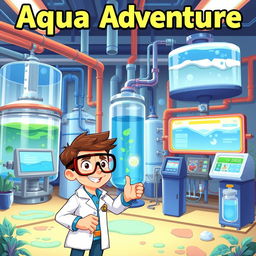 A dynamic and engaging illustration for a water purification game titled 'Aqua Adventure'