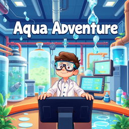 A dynamic and engaging illustration for a water purification game titled 'Aqua Adventure'