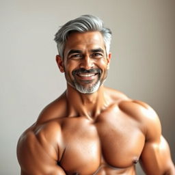 A stunning portrait of a 45-year-old Indian man, showcasing his powerful physique and mature features in a serene setting