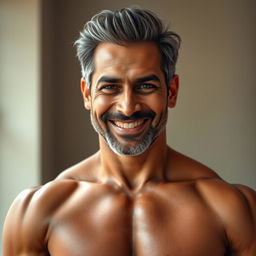 A stunning portrait of a 45-year-old Indian man, showcasing his powerful physique and mature features in a serene setting
