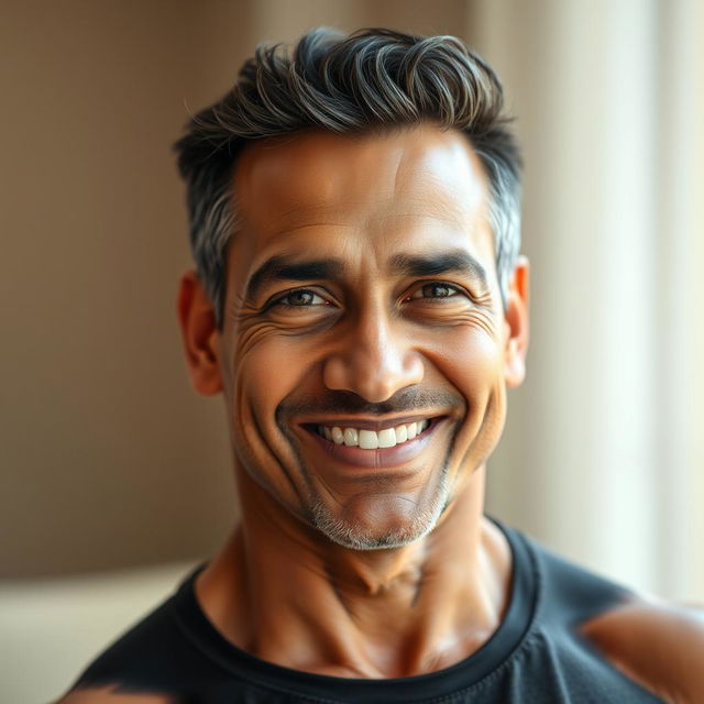 A stunning portrait of a 45-year-old Indian man, showcasing his powerful physique and mature features in a serene setting