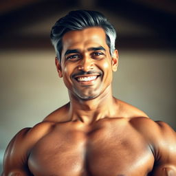 A stunning portrait of a 45-year-old Indian man, showcasing his powerful physique and mature features in a serene setting