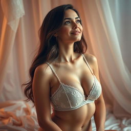 A beautiful woman in a serene, intimate setting, exuding an air of submissiveness