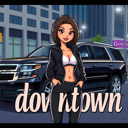 A captivating scene blending cartoon and realistic styles, featuring a sleek black Tahoe with shiny silver rims prominently displayed