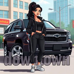 A captivating scene blending cartoon and realistic styles, featuring a sleek black Tahoe with shiny silver rims prominently displayed