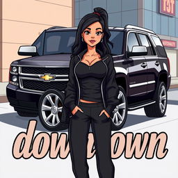 A captivating scene blending cartoon and realistic styles, featuring a sleek black Tahoe with shiny silver rims prominently displayed