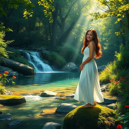 A peaceful forest landscape filled with vibrant greenery and dappled sunlight streaming through the leaves