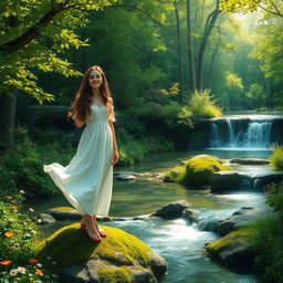 A peaceful forest landscape filled with vibrant greenery and dappled sunlight streaming through the leaves