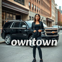 A realistic scene featuring a sleek black Tahoe with shining silver rims parked prominently in an urban setting