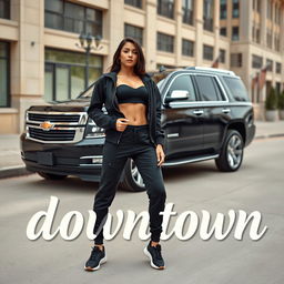 A realistic scene featuring a sleek black Tahoe with shining silver rims parked prominently in an urban setting