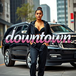 A realistic scene featuring an elegant black Tahoe with shiny silver rims, prominently displayed in an urban setting