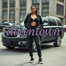 A realistic scene featuring an elegant black Tahoe with shiny silver rims, prominently displayed in an urban setting