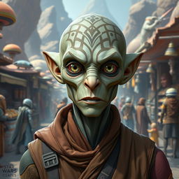 A male Balosar from the Star Wars universe, showcasing distinctive features such as a bald head with intricate patterns, large expressive eyes, and a unique nose structure