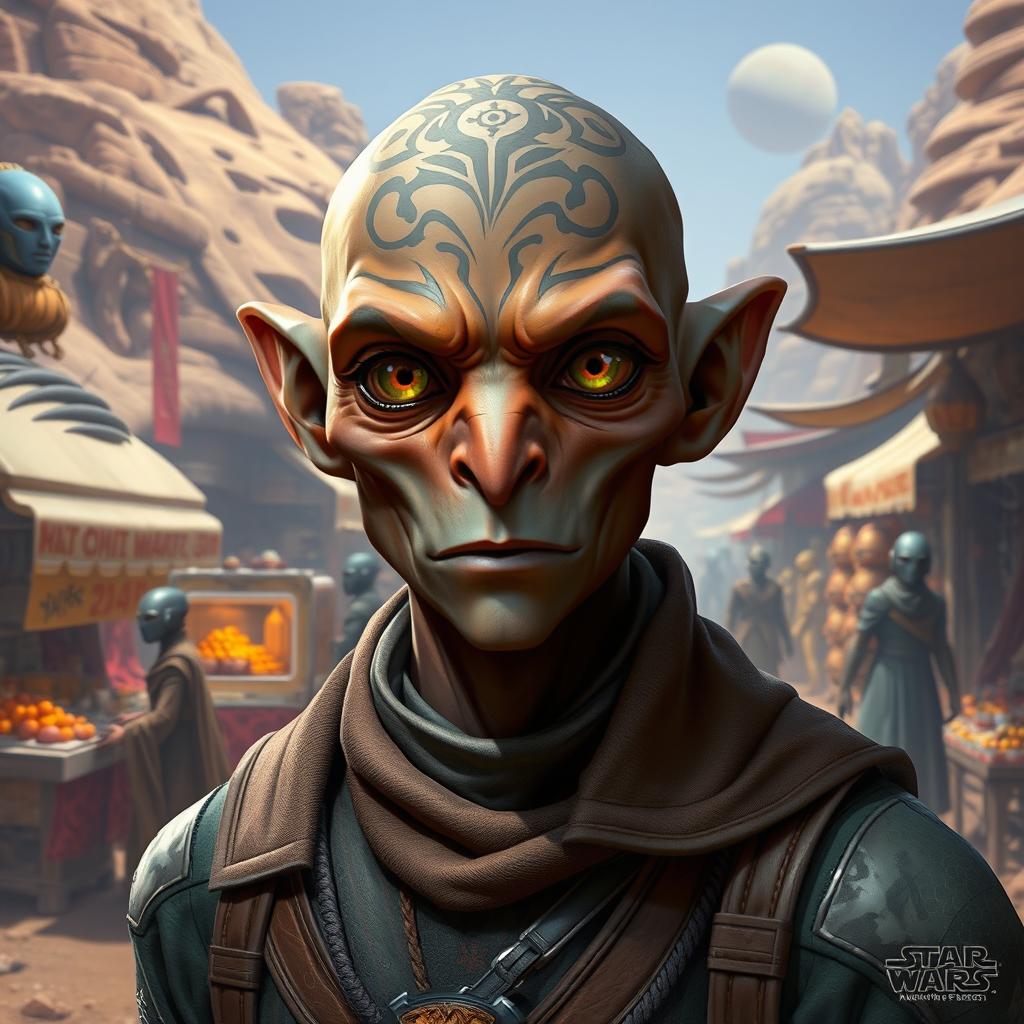 A male Balosar from the Star Wars universe, showcasing distinctive features such as a bald head with intricate patterns, large expressive eyes, and a unique nose structure