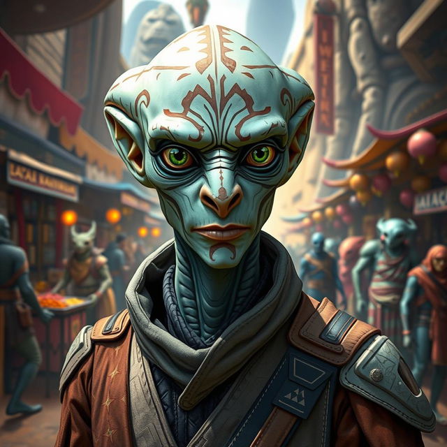 A male Balosar from the Star Wars universe, showcasing distinctive features such as a bald head with intricate patterns, large expressive eyes, and a unique nose structure