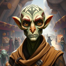 A male Balosar from the Star Wars universe, showcasing distinctive features such as a bald head with intricate patterns, large expressive eyes, and a unique nose structure