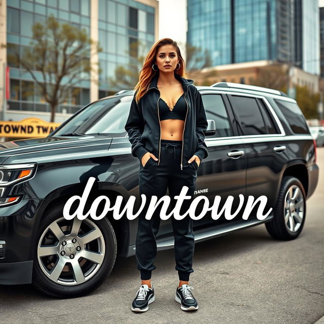 A realistic scene showcasing a sleek black Tahoe with shiny silver rims, prominently parked in an urban environment