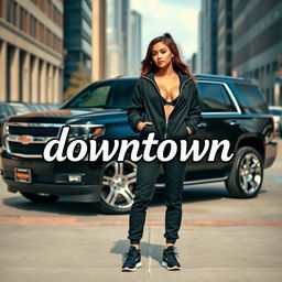 A realistic scene showcasing a sleek black Tahoe with shiny silver rims, prominently parked in an urban environment