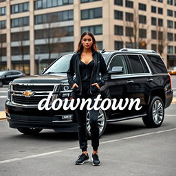 A realistic scene showcasing a sleek black Tahoe with shiny silver rims, prominently parked in an urban environment