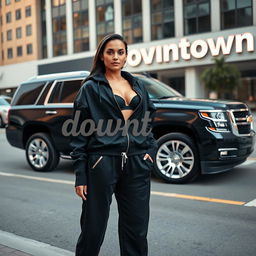 A realistic scene showcasing a sleek black Tahoe with shiny silver rims, prominently parked in an urban environment