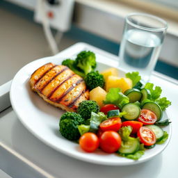 A colorful and nutritious hospital diet plate featuring a balanced meal