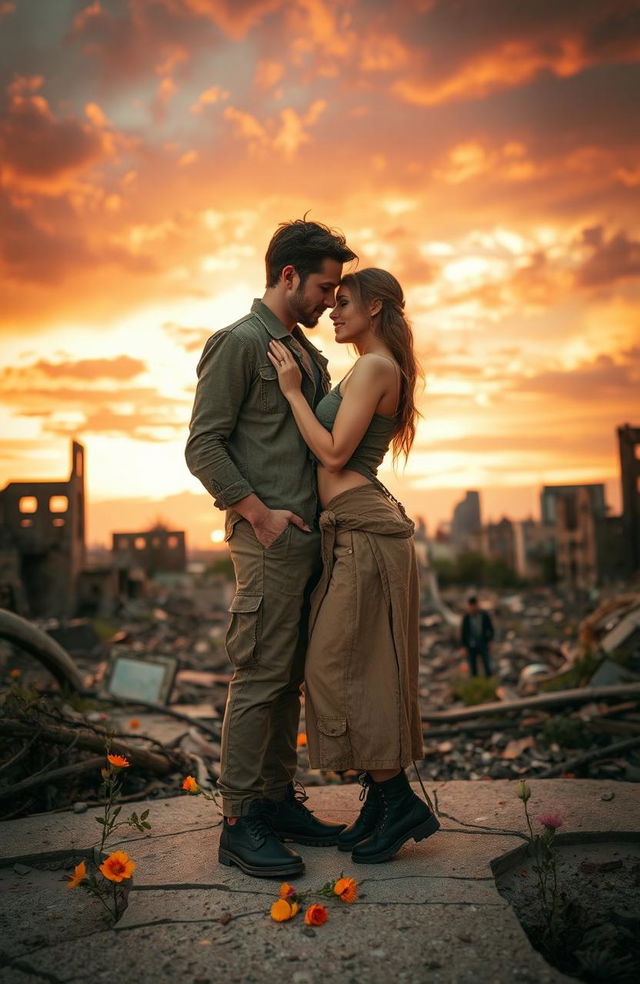 A romantic couple in a post-apocalyptic world, surrounded by ruins and nature reclaiming the environment