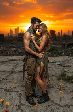 A romantic couple in a post-apocalyptic world, surrounded by ruins and nature reclaiming the environment