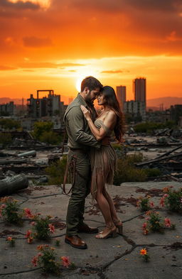 A romantic couple in a post-apocalyptic world, surrounded by ruins and nature reclaiming the environment