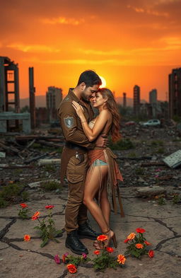 A romantic couple in a post-apocalyptic world, surrounded by ruins and nature reclaiming the environment