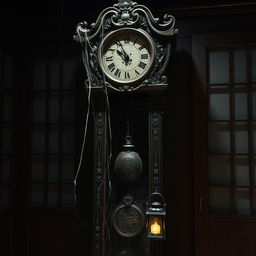 A creepy Japanese grandfather clock, intricately designed with dark wood, featuring ornate carvings of traditional Japanese motifs