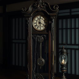 A creepy Japanese grandfather clock, intricately designed with dark wood, featuring ornate carvings of traditional Japanese motifs