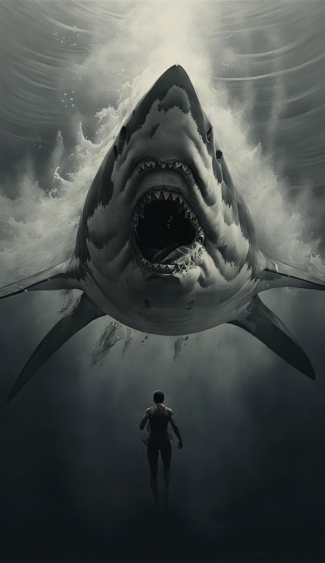 Monochromatic 32k digital art of Jaws movie poster with a massive shark emerging from dark waters towards an unsuspecting swimmer, under a gradient grey sky