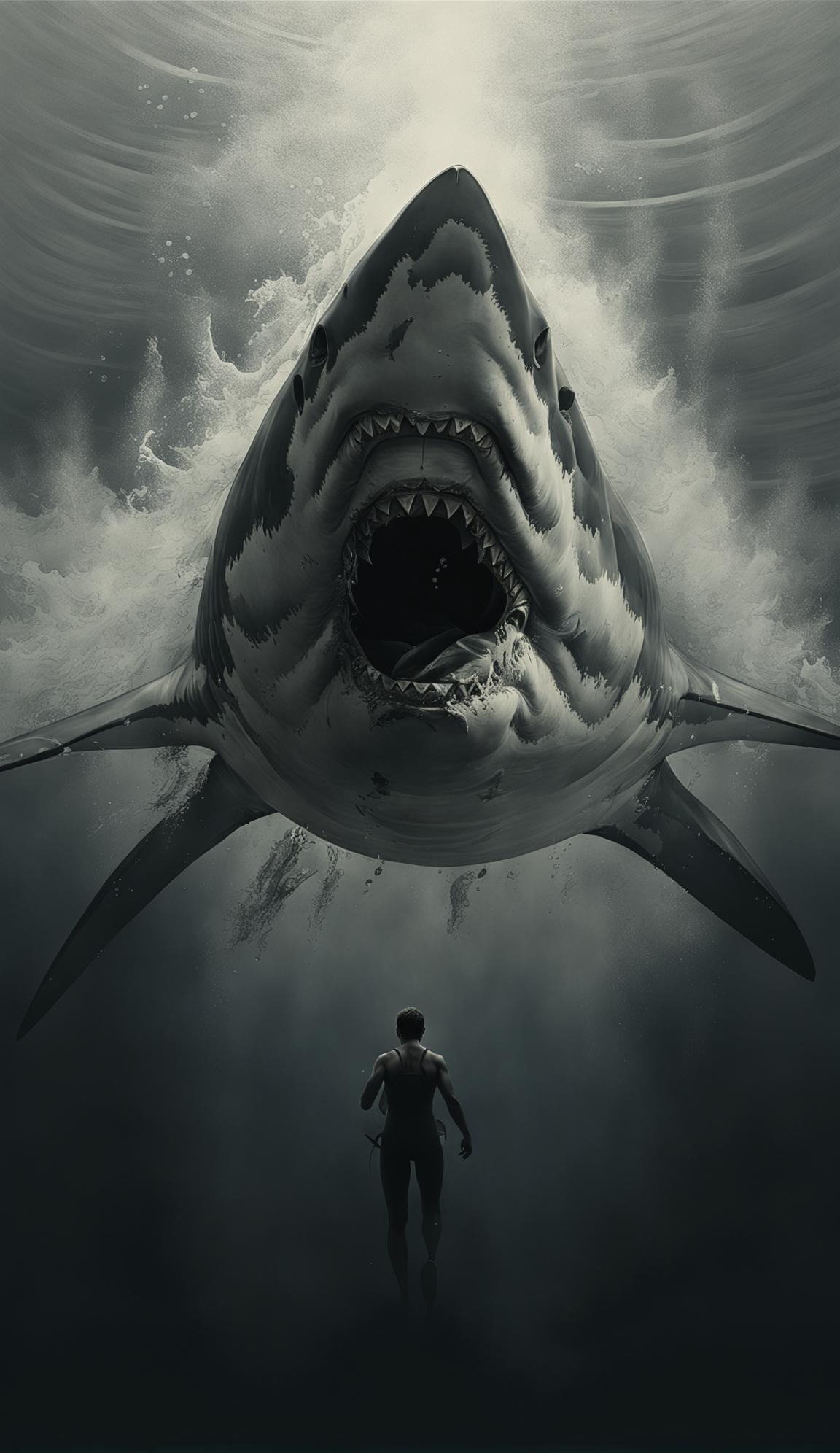 Monochromatic 32k digital art of Jaws movie poster with a massive shark emerging from dark waters towards an unsuspecting swimmer, under a gradient grey sky