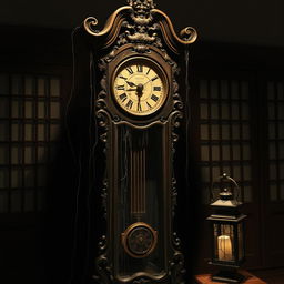 A creepy Japanese grandfather clock, intricately designed with dark wood, featuring ornate carvings of traditional Japanese motifs
