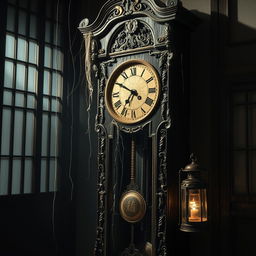 A creepy Japanese grandfather clock, intricately designed with dark wood, featuring ornate carvings of traditional Japanese motifs