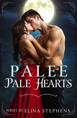 A romantic scene of a handsome tall vampire kissing a stylish girl on her neck
