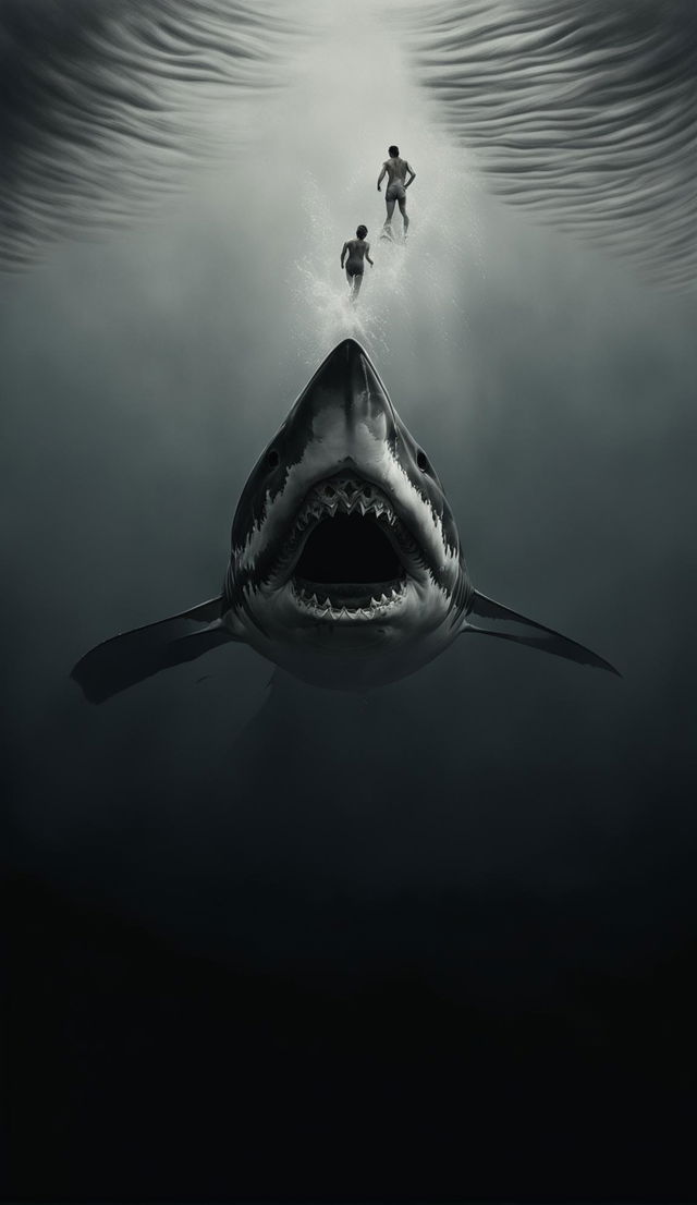 Monochromatic 32k digital art of Jaws movie poster with the outline of a massive shark subtly visible in the dark waters beneath an unsuspecting swimmer, under a gradient grey sky