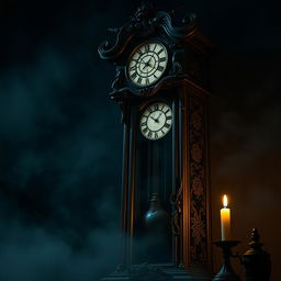 A creepy Japanese grandfather clock, ornately designed with traditional Japanese motifs, featuring intricate carvings of dragons and cherry blossoms