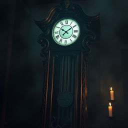 A creepy Japanese grandfather clock, ornately designed with traditional Japanese motifs, featuring intricate carvings of dragons and cherry blossoms