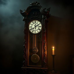 A creepy Japanese grandfather clock, ornately designed with traditional Japanese motifs, featuring intricate carvings of dragons and cherry blossoms