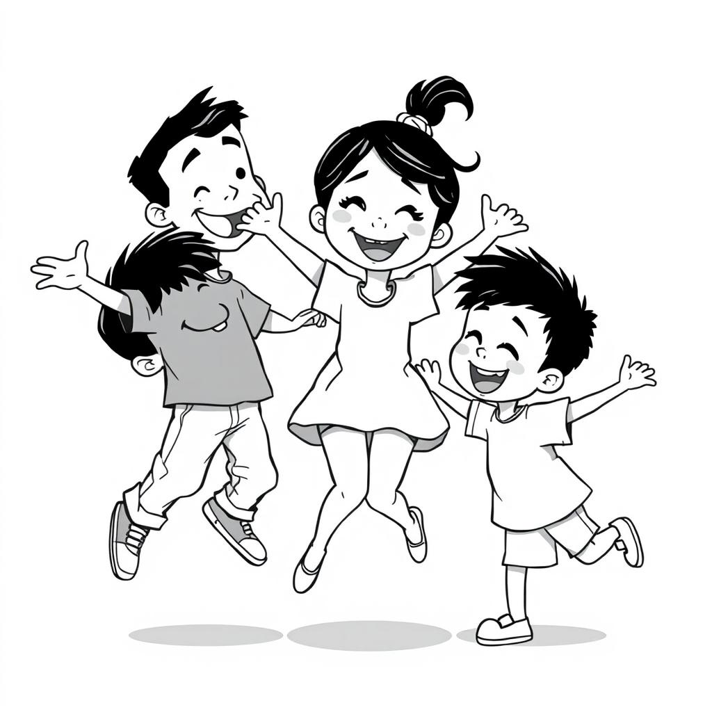 A whimsical Pixar-style illustration featuring children of different races, including a Latino boy, a Black girl, and an Asian boy, all joyfully interacting in a playful manner