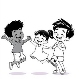 A whimsical Pixar-style illustration featuring children of different races, including a Latino boy, a Black girl, and an Asian boy, all joyfully interacting in a playful manner