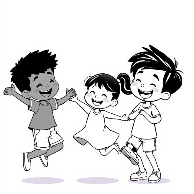 A whimsical Pixar-style illustration featuring children of different races, including a Latino boy, a Black girl, and an Asian boy, all joyfully interacting in a playful manner