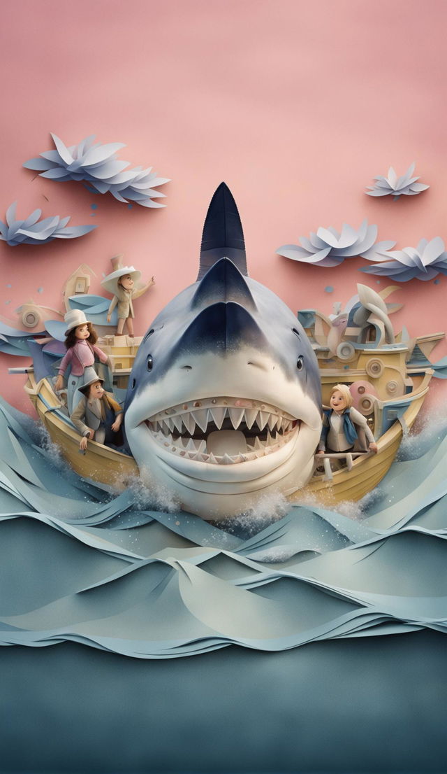 Animated Wes Anderson-style 'Jaws' poster featuring a puppet shark emerging from layered paper waves towards a small puppet boat under a pastel pink sky