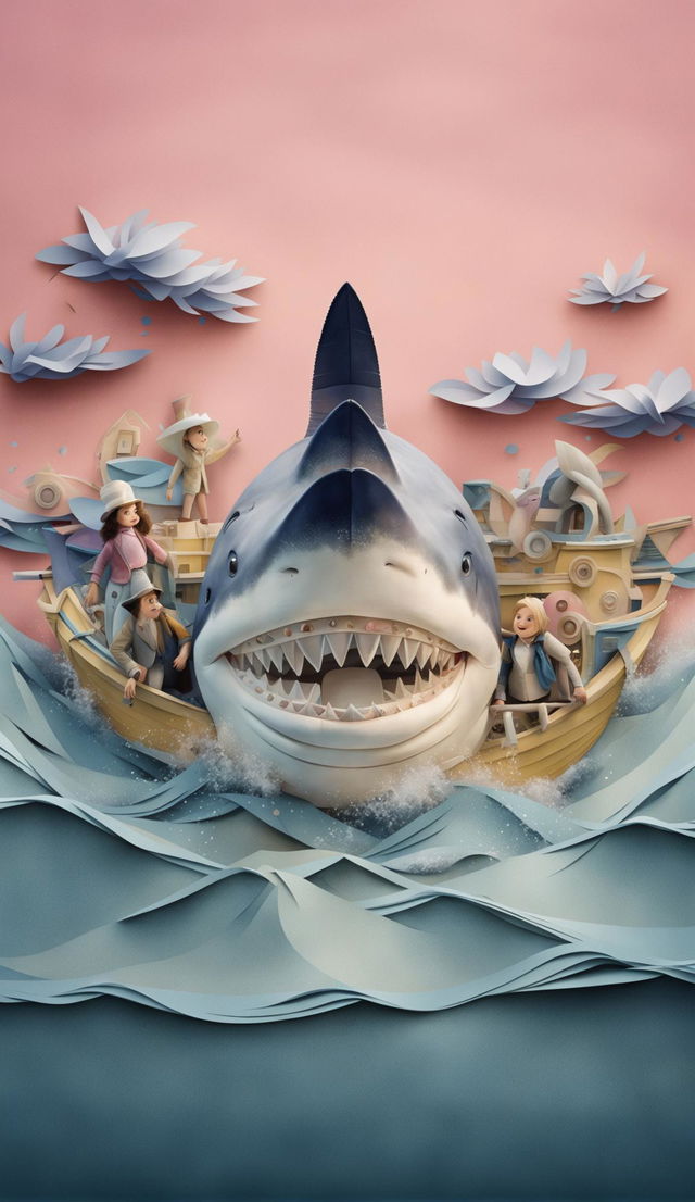 Animated Wes Anderson-style 'Jaws' poster featuring a puppet shark emerging from layered paper waves towards a small puppet boat under a pastel pink sky