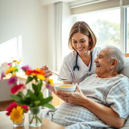 A caring nurse gently feeds an elderly patient in a bright, cheerful hospital room