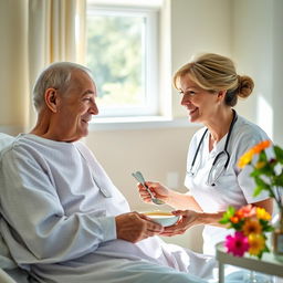 A caring nurse gently feeds an elderly patient in a bright, cheerful hospital room