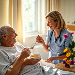 A caring nurse gently feeds an elderly patient in a bright, cheerful hospital room